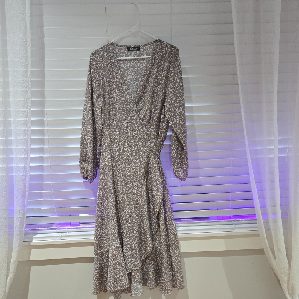 Allegra K Taupe Floral Wrap Dress with Long Sleeves